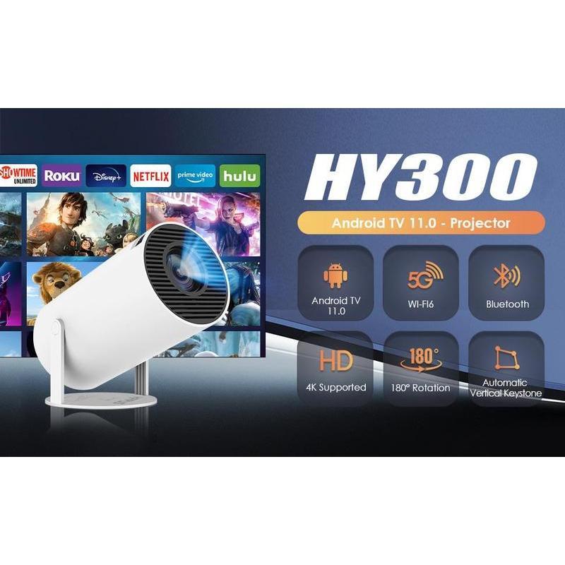 HY300 Smart Projector with Android TV 11.0,5G WiFi Bluetooth Projector 4k Supported,Outdoor Movie Projector Compatible,iOS,Android (white) Audio