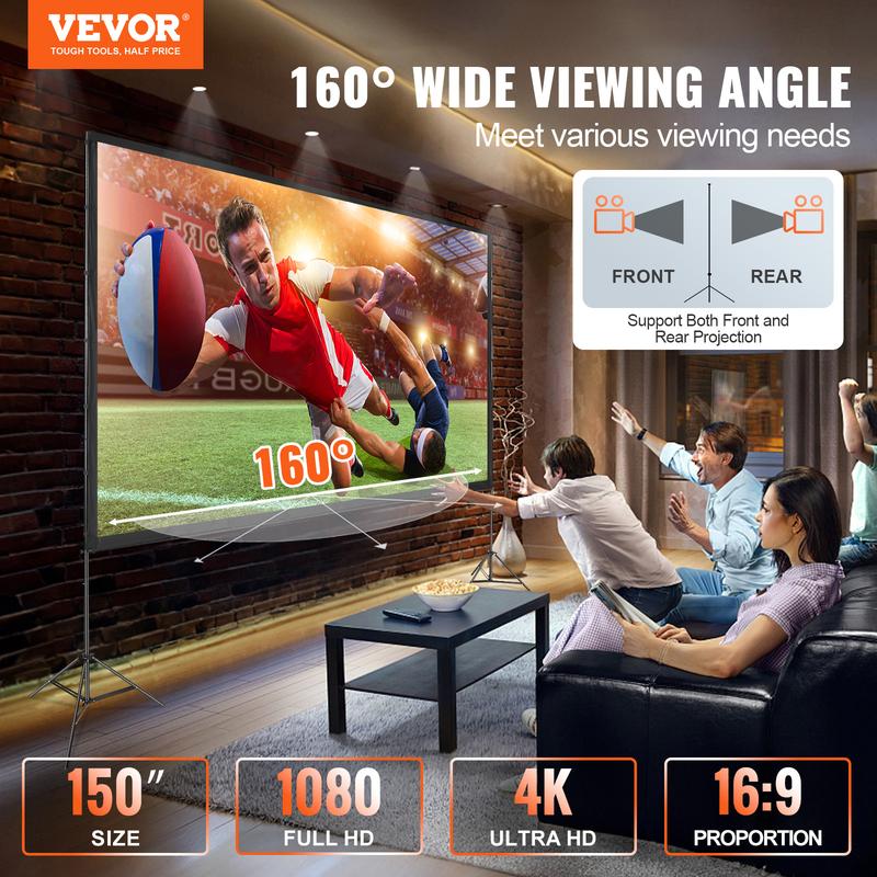 VEVOR Projector Screen with Stand, 150 inch 16:9 4K 1080 HD Outdoor Movie Screen with Stand, Wrinkle-Free Projection Screen with Tripods and Carry Bag, for Home Theater Cinema Backyard Movie Night