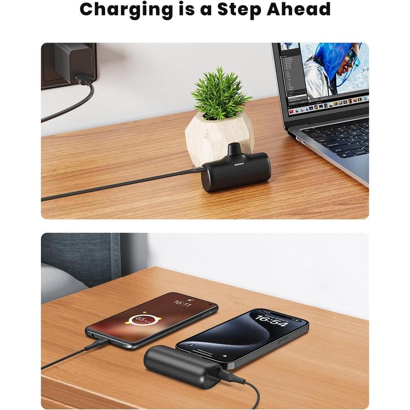 Small Portable Charger 5000mAh Ultra-Compact USB C Power Bank Built in Connector Battery Pack Compatible with iPhone 15 15 Pro 15 Pro 15 Pro Max, Samsung, Google Pixel, Android Phone etc