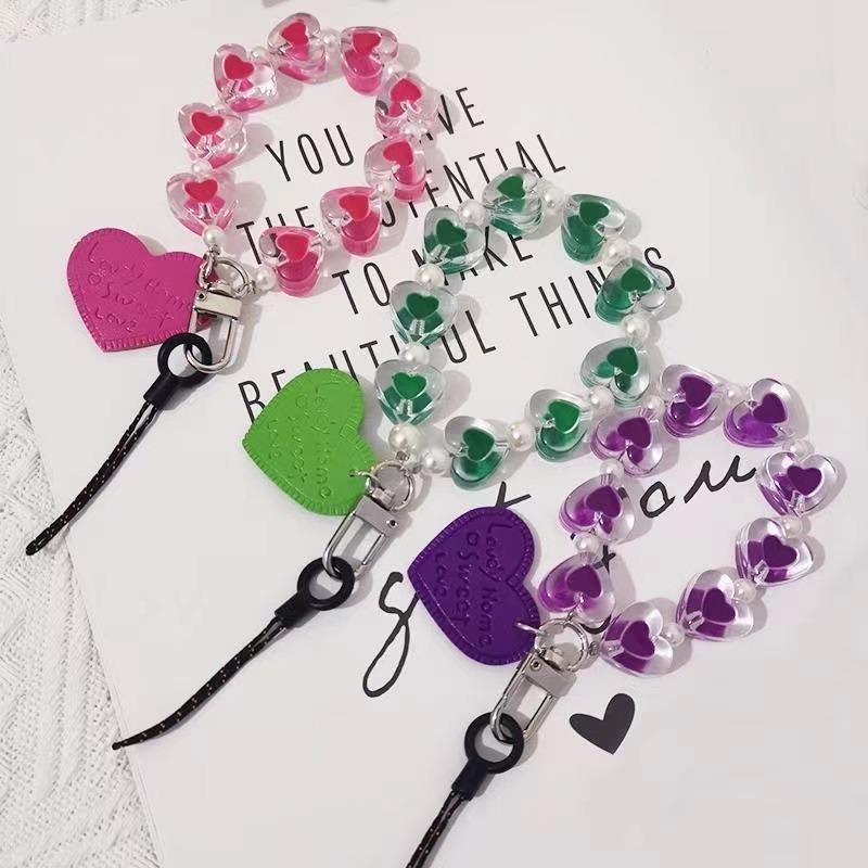 Heart Beaded Floral Bracelet Charms Car Keychain Phone Strap Holder Bag Wallet Purse Chain Key Rings Pendant for Women and Girls - Macaroon Color - Smartphone, Accessories Phone carrier