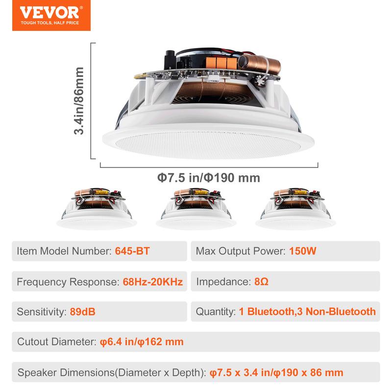 VEVOR 4 PCs 6.5'' Bluetooth in Ceiling Speakers, 150W, Flush Mount Ceiling & in-Wall Speaker System with 8ΩImpedance 89dB Sensitivity, for Home Kitchen Living Room Bedroom or Covered Outdoor Porches Audio Wireless