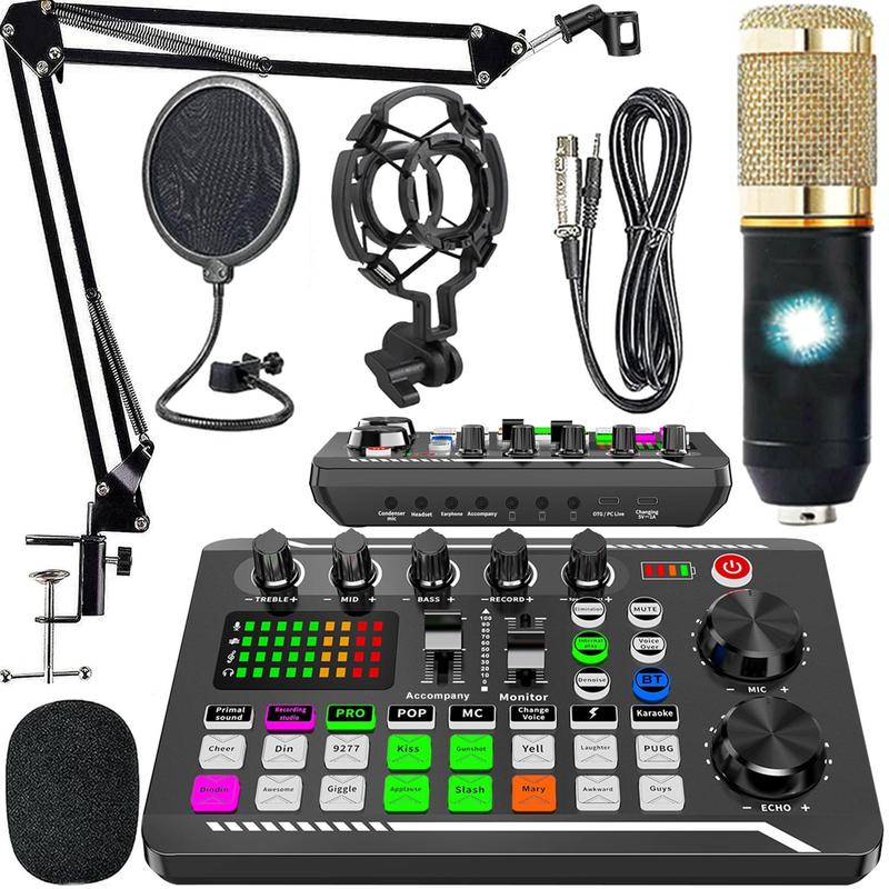 Podcast Microphone Bundle, Condenser Mic with Live Sound Card Kit, Podcast Equipment Bundle with Voice Changer and Mixer Functions for PC Smartphone Studio Recording