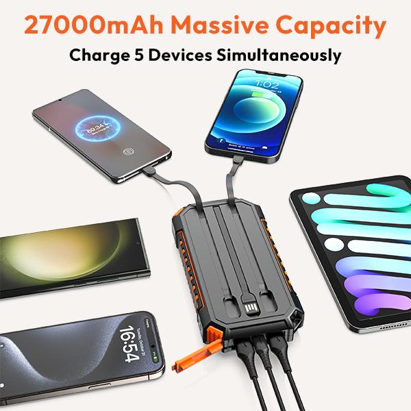 Solar Charger Power Bank - 27000mAh Portable Phone Charger with Built-in USB Cables 3.0A Fast Charge Battery Pack, 5 Outputs & 2 Inputs for Smartphone, Tablet,Best Christmas Gifts