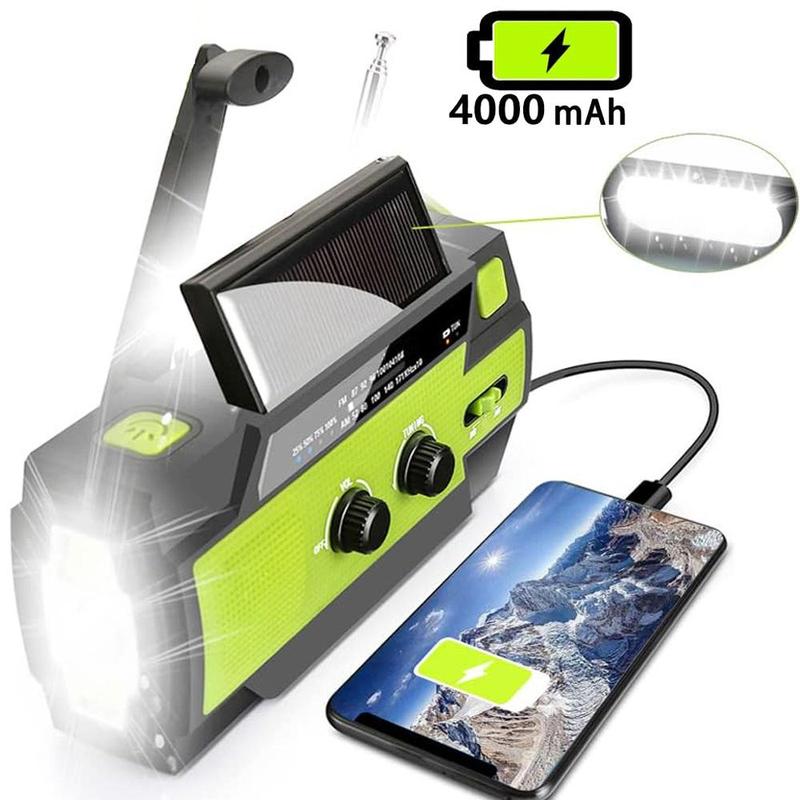 Solar Powered Hand Crank Radio, 4000mAh Solar Hand Crank Portable AM FM Radio with 1W 3 Mode Flashlight & Motion Sensor Reading Lamp, Cell Phone Charger