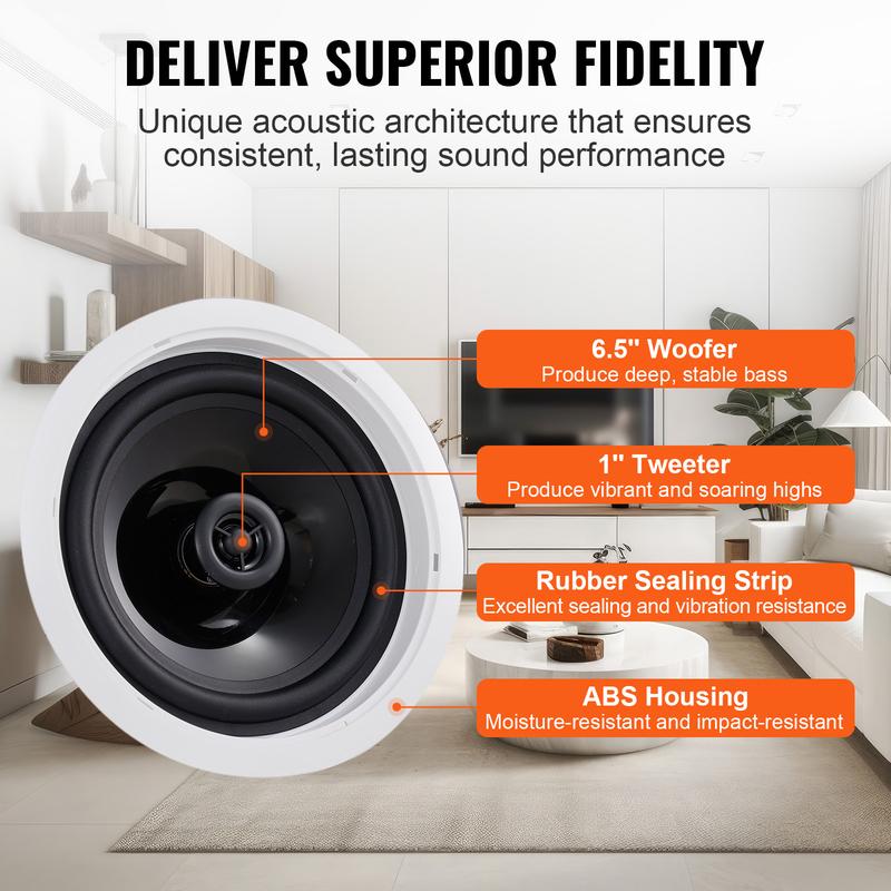 VEVOR 4 PCs 6.5'' Bluetooth in Ceiling Speakers, 150W, Flush Mount Ceiling & in-Wall Speaker System with 8ΩImpedance 89dB Sensitivity, for Home Kitchen Living Room Bedroom or Covered Outdoor Porches Audio Wireless