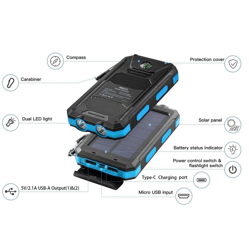 38800mAh Portable Solar Charger: Waterproof, dual USB outputs, and LED flashlights. Perfect for camping and outdoor use! Harness solar power!