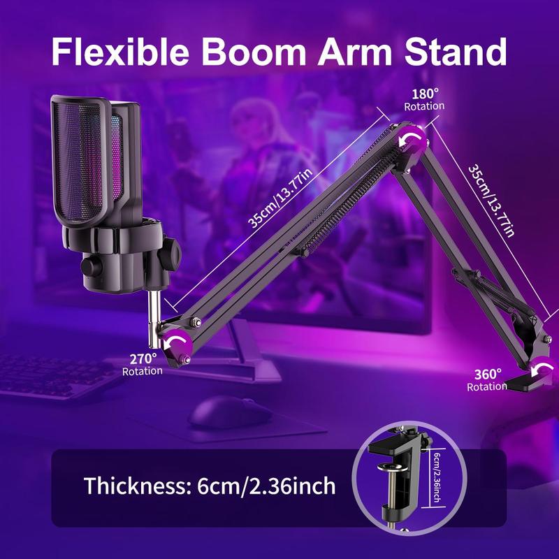 USB Powered Microphone with RGB Light, USB Microphone with Type-C Adapter, Microphone Compatible with Computer & Type-C Interface Devices