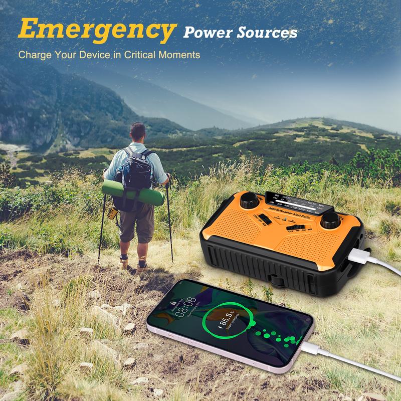 PRUNUS Emergency NOAA Weather Radio with 11100mWh Portable Power Bank, AA Batteries Solor Hand Crank USB Rechargeable Batteries, LED Flashlight and Reading Lamp,SOS Alarm & Flashlight,AM FM, J-369