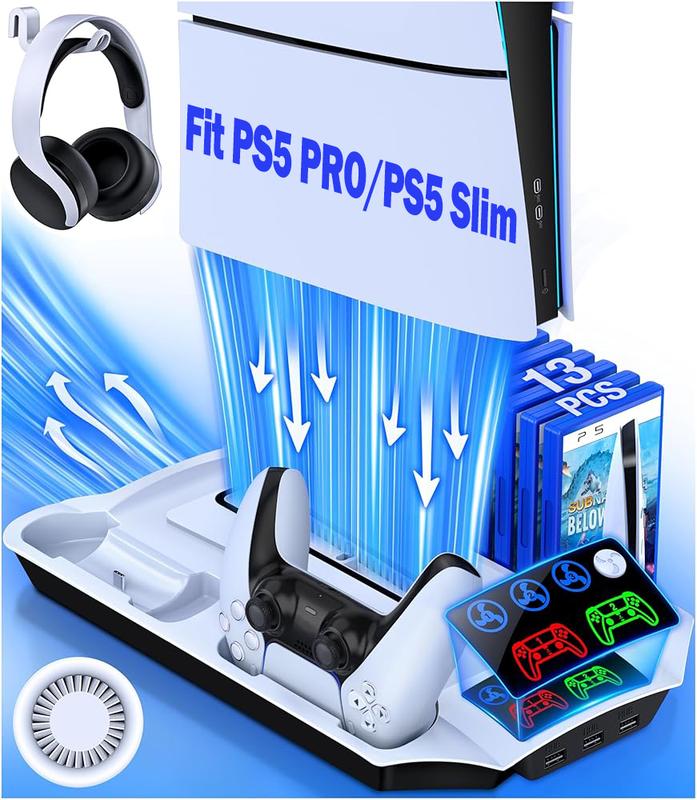 PS5 Pro PS5 Slim PS5 Stand and Turbo Cooling Station with Controller Charger Station for Playstation 5, PS5 Console Accessories with 3 Levels Cooling Fan 13-Game Organizer Headset Holder for PS5 Digital Disc