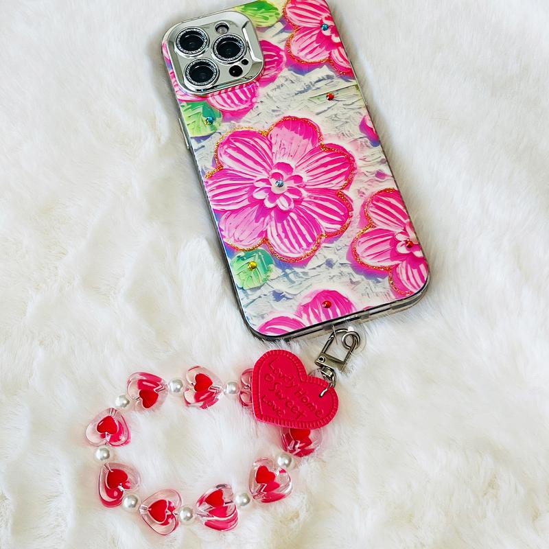 Heart Beaded Floral Bracelet Charms Car Keychain Phone Strap Holder Bag Wallet Purse Chain Key Rings Pendant for Women and Girls - Macaroon Color - Smartphone, Accessories Phone carrier