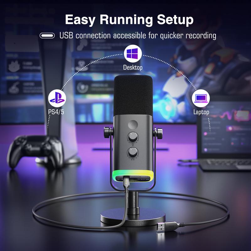 Fifine AM8 XLR USB Gaming Microphone for Podcast Recording, Dynamic RGB Microphone with Quick Mute, headphone jack, Gain Knob, Volume Control, Desktop Computer Mic for PC Gamer