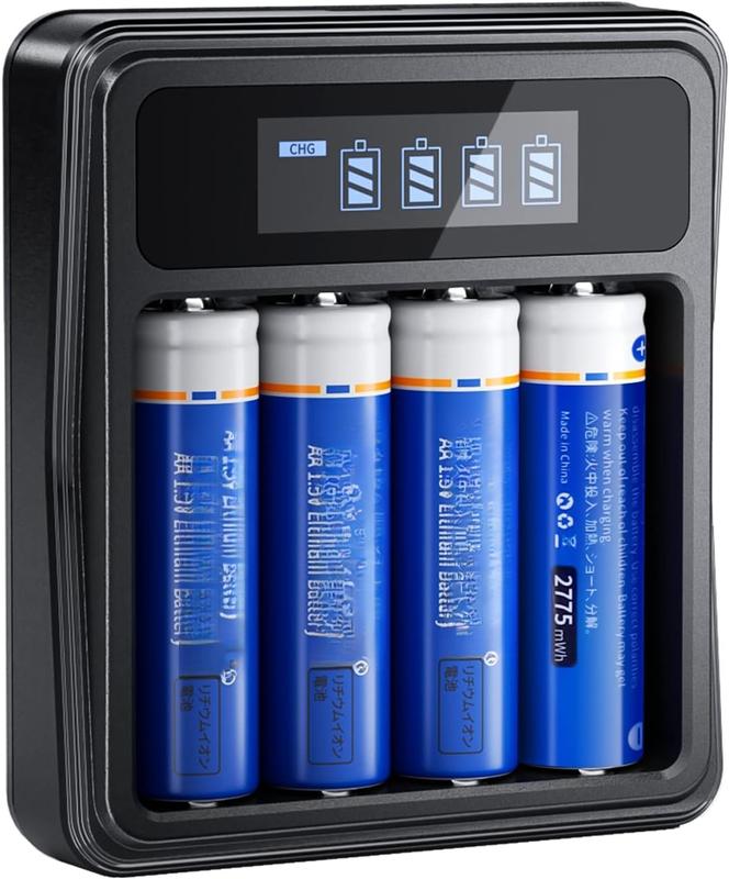 Rechargeable AA Lithium Batteries 1.5V with Charger, 4 Bay Individual Battery Charger,Fast Charging,4 Pack