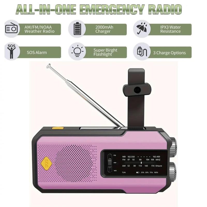 Emergency Hand Crank Radio, Multipurpose AM FM Portable Weather Radio with 3 LED Flashlight, 2000mAh Power Bank Phone Charger for Outdoor Camping