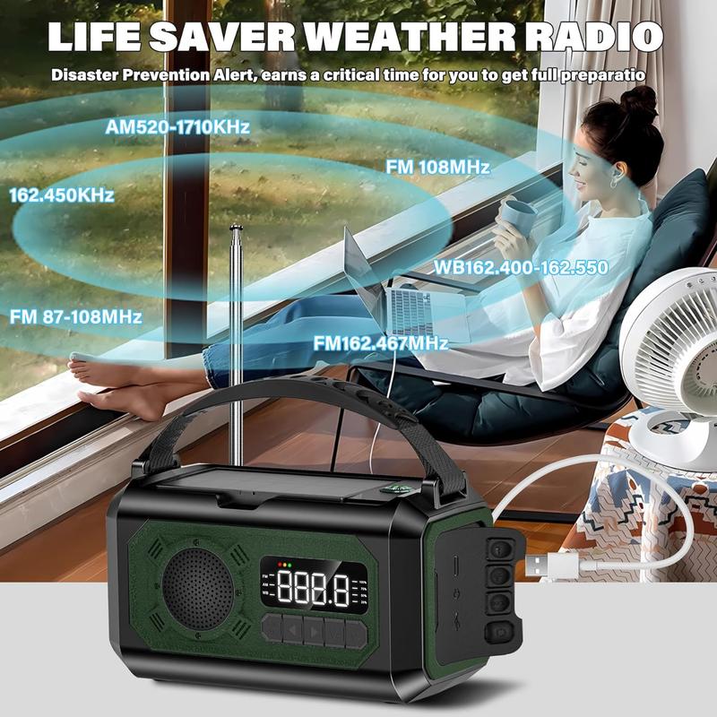 12000mAh Portable Emergency Weather Radio Hand Crank Radio AM FM NOAA Radio Solar Radio with 2 Solar Panels 3 Charging Methods SOS Alarm 3 Mode Flashlight Phone Charger Reading Lamp Audio