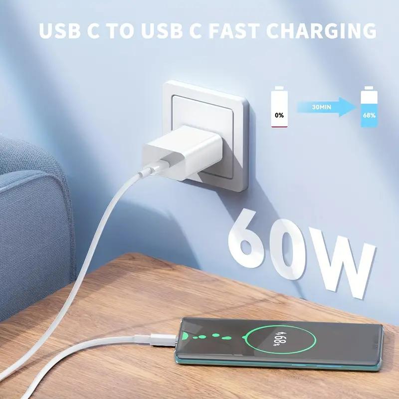 60W USB Type C to C Fast Charging Cable for iPhone 16, 15 & Galaxy - 6.6ft Length Smartphone Mobile Charger Universal Fast