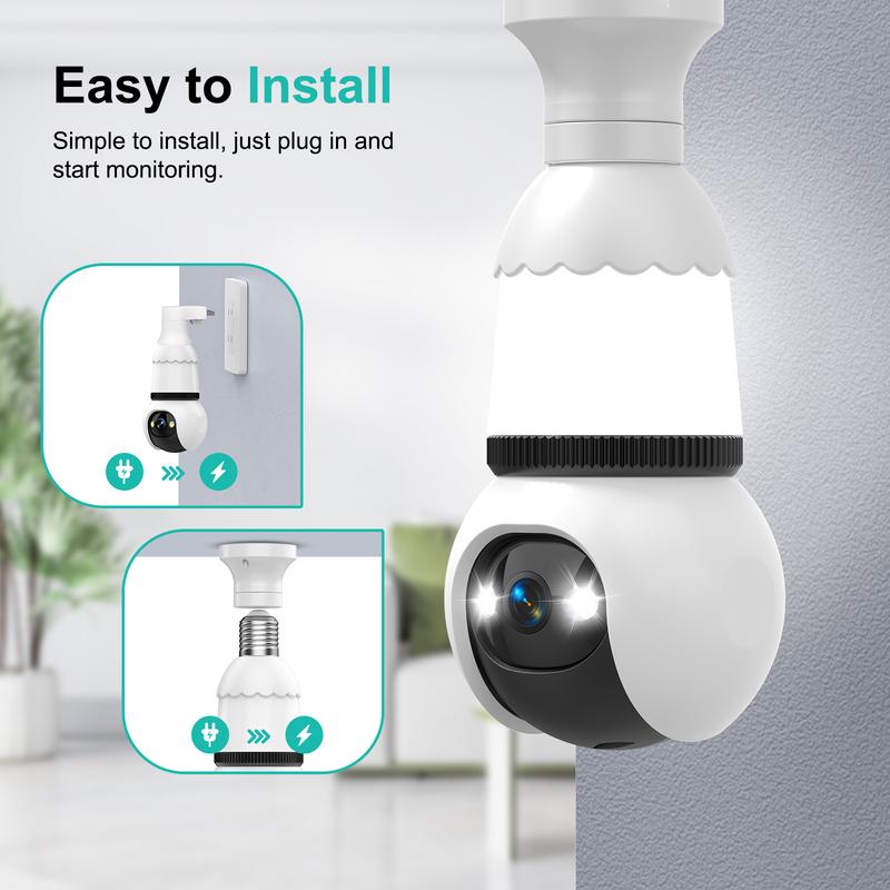 4MP Light Bulb security camera with 5G and 2.4GHz wireless indoor outdoor camera with night vision, motion detection, 360° remote viewing and real-time alerts. Cord Installation