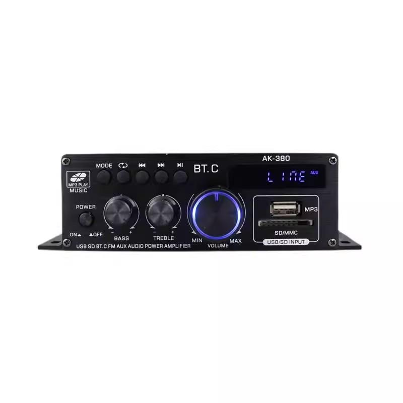 AK-380 USB SD BT.C FM AUX Audio Power Amplifier 400W+400W 2.0 CH HiFi Stereo AMP Speaker Bluetooth 5.0 Amp Receiver with 12V 5A Power Supply,Remote Control Adapter Compact Karaoke Digital