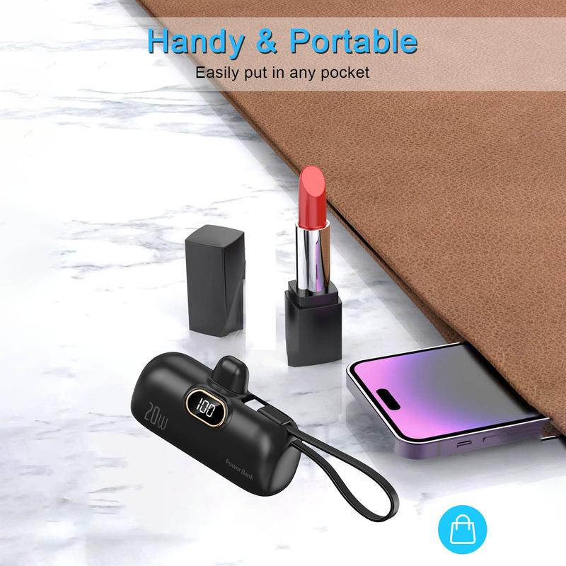 Mini Fast Charging power bank,capsule power phone charger 6500mAh,portable charger with Dual USB-C ports，Compact Battery Pack for iPhone&Android, USB C Cable, LCD Display