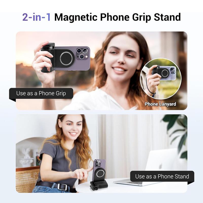 Magnetic Phone Handle Selfie Holder, Phone Accessories, Content Creator Tools, 1 4 Screw Phone Grip Holder Stand with Cold Shoe & BT Remote Control, Compatible with iPhone 15 14 13 12 Series