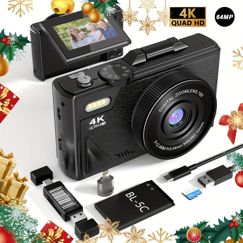 64MP 4K HD Digital Camera 18x Digital Zoom 3 Inch Flip Screen Professional Camera Supports Taking Photos, Recording Videos, Video Blogs and Web Cameras, Including 32gb TF Card, Suitable for Beginners Thanksgiving Day and Christmas Gifts