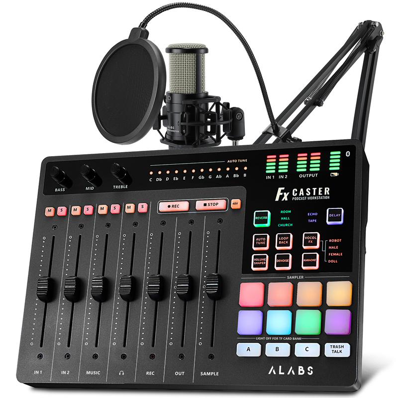 ALABS Fxcaster Audio Interface, Podcast Equipment with 7 controls, Podcast mixer with Pro-preamp,for Recording, Live Broadcast and Music Studio