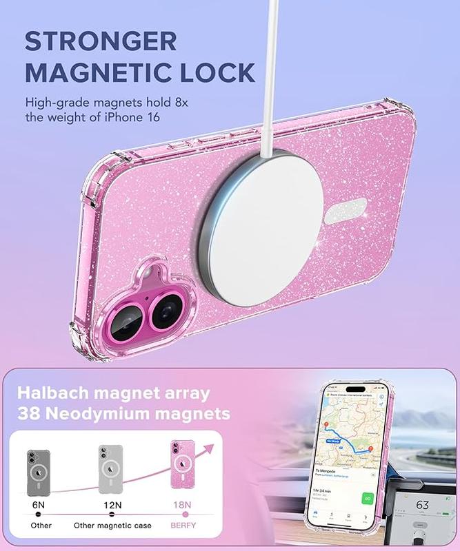 Entronix 5-in-1 BUNDLE For iPhone 16, Plus, Pro Max, Magnetic Glitter Clear Case, Clear Camera Lens & Tempered Glass Screen Protector, Accessories