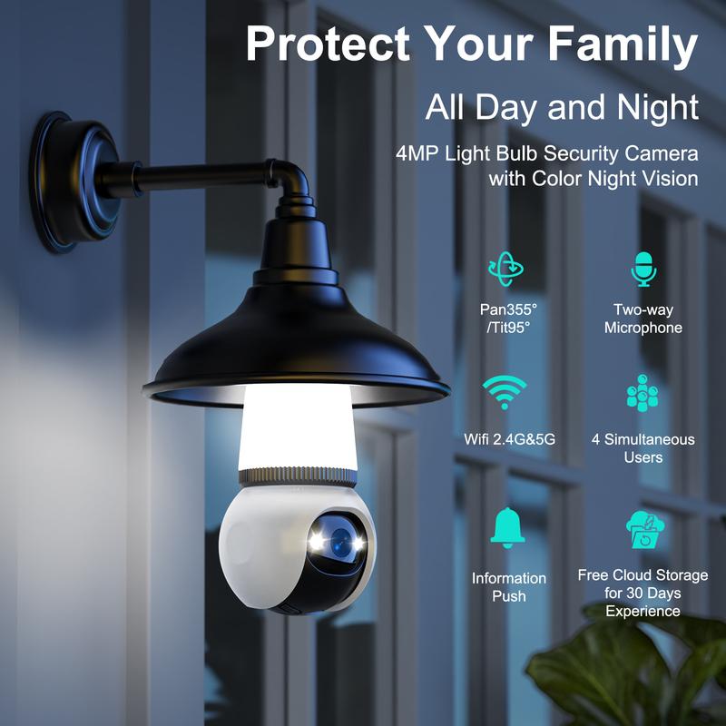 4MP Light Bulb security camera with 5G and 2.4GHz wireless indoor outdoor camera with night vision, motion detection, 360° remote viewing and real-time alerts. Cord Installation