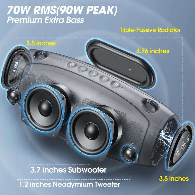 W-KING 70W Portable Loud Bluetooth Speakers with Subwoofer, Waterproof Outdoor Speaker Wireless Boombox for Party, Triple Passive Radiators-Deep Bass Hi-Fi Audio DSP 42H Power Bank TF AUX EQ Opener