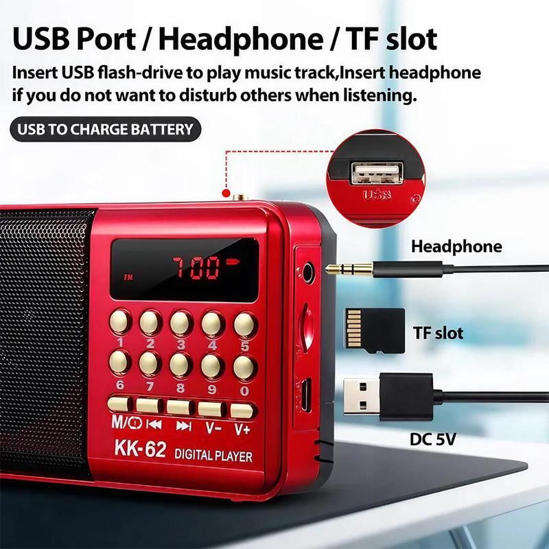 STONEGO Portable Mini Radio Support SD TF Card Port, Rechargeable FM Radio with USB MP3 Player, Multifunctional Radio with Digital Display for Home