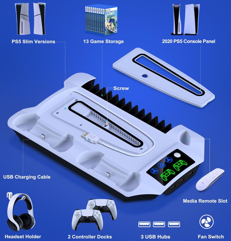 PS5 Pro PS5 Slim PS5 Stand and Turbo Cooling Station with Controller Charger Station for Playstation 5, PS5 Console Accessories with 3 Levels Cooling Fan 13-Game Organizer Headset Holder for PS5 Digital Disc