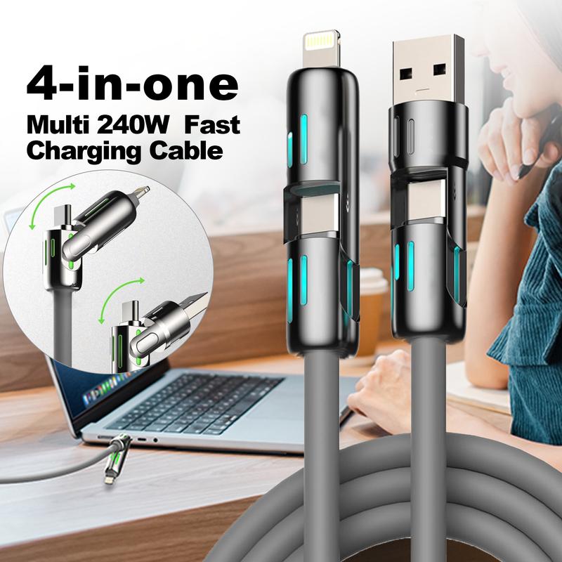 4-in-1 USB Charging Cable, fastcharging cable MAX 240W USB A+ TYPE C + Lightning Multi national aluminum alloy cable management 240W suitable for iPhone 15 14 Samsung Galaxy, Android Phones & Tablets iPad Pro Smartphone Cellphone Mobile