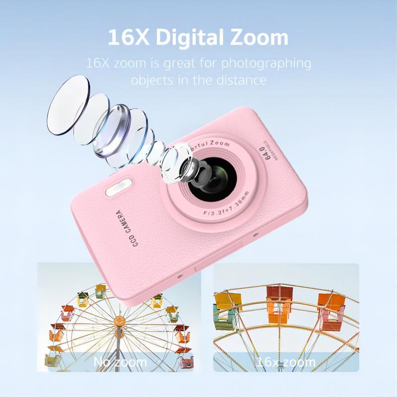 FHD 1080P Digital Camera with 16x Zoom Anti-Shake Compact Small Camera for Boys Girls Children Rechargeable Lens Rechargeable