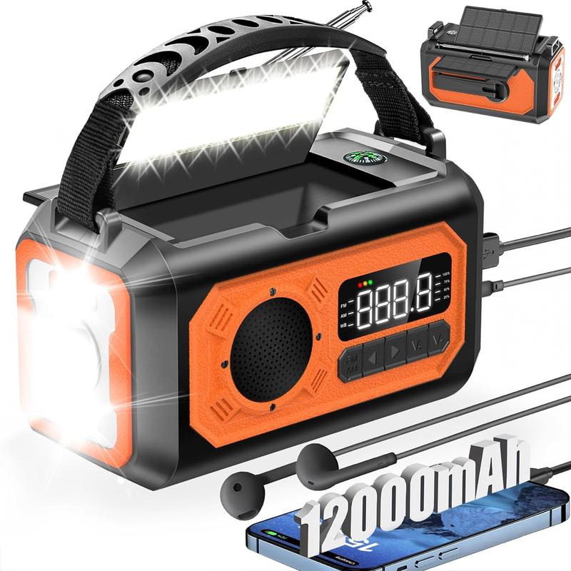 12000mAh Portable Emergency Weather Radio Hand Crank Radio AM FM NOAA Radio Solar Radio with 2 Solar Panels 3 Charging Methods SOS Alarm 3 Mode Flashlight Phone Charger Reading Lamp Audio