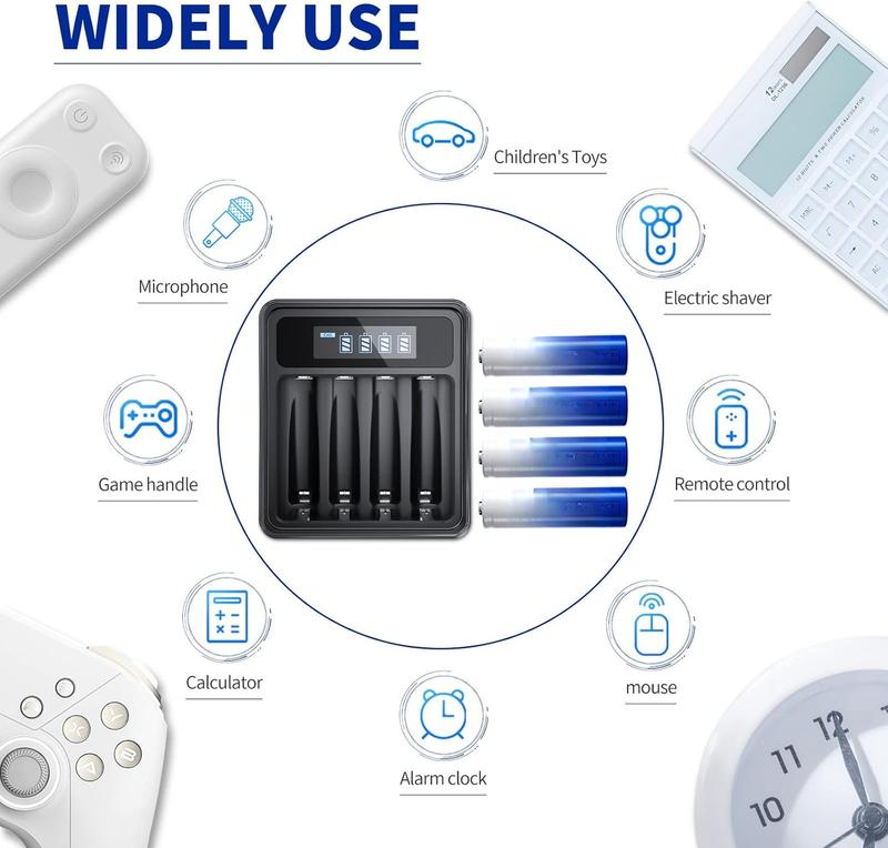Rechargeable AA Lithium Batteries 1.5V with Charger, 4 Bay Individual Battery Charger,Fast Charging,4 Pack