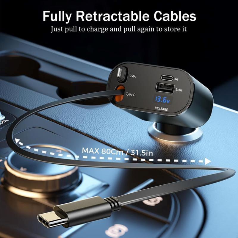 4 in 1 Retractable Super Fast Car Charger,Max 120W, Retractable Cable and 2 USB Ports Car Charger for Smartphone Mobile iPhone 15 14 13 12 Pro Max, Galaxy S23 4-in-1 Retractable Halloween Gift retractable car Retractable Car double type