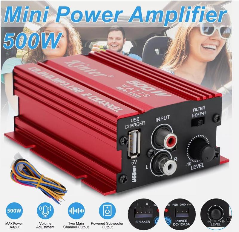 500W 12V 2 Channel Powerful Stereo Audio Power Amplifier HiFi Bass Amp Car Home