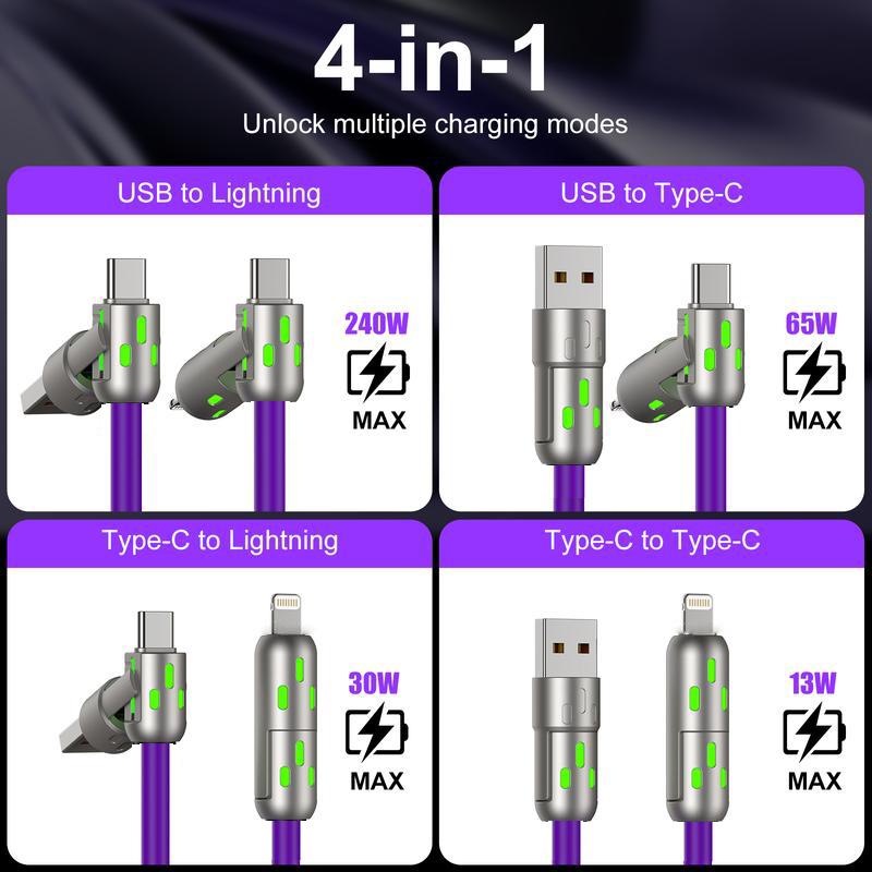 4-in-1 USB Charging Cable, fastcharging cable MAX 240W USB A+ TYPE C + Lightning Multi national aluminum alloy cable management 240W suitable for iPhone 15 14 Samsung Galaxy, Android Phones & Tablets iPad Pro Smartphone Cellphone Mobile