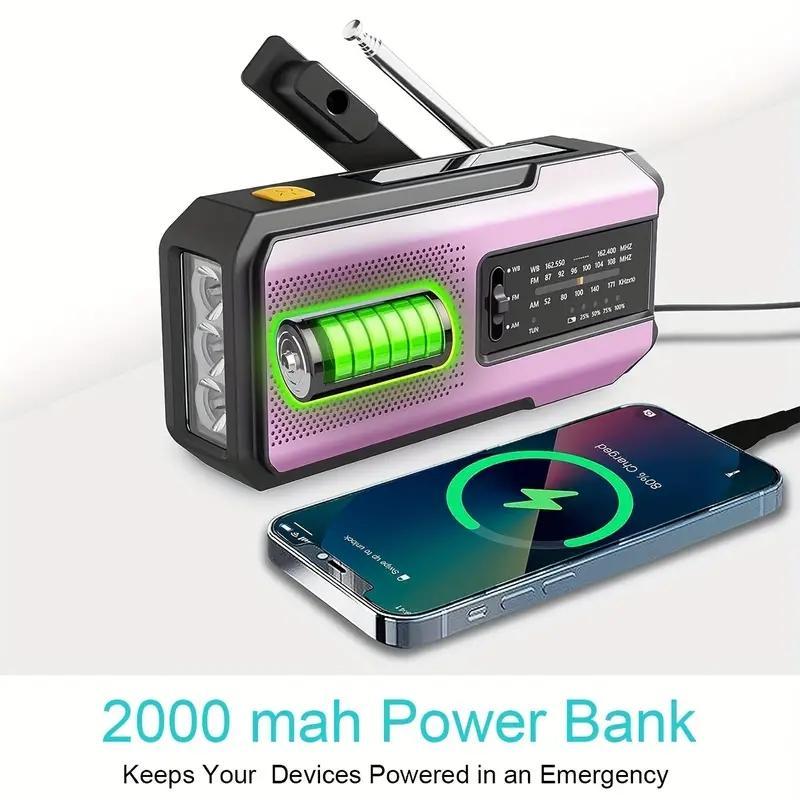 Emergency Hand Crank Radio, Multipurpose AM FM Portable Weather Radio with 3 LED Flashlight, 2000mAh Power Bank Phone Charger for Outdoor Camping