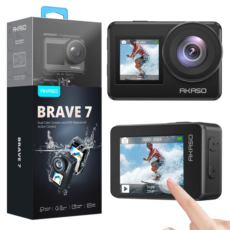 AKASO Brave 7 Action Camera 4K 30fps 20MP with Touch Screen Waterproof Camera Support External Mic Vlogging Camera Voice Control Wifi Sports Video Camera Motocycle Accessories