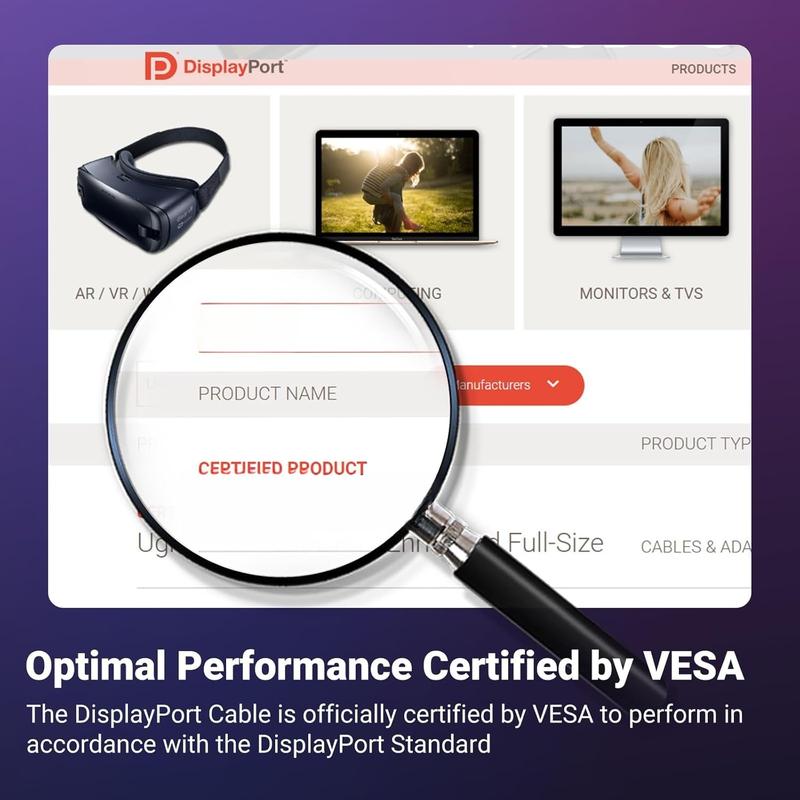 DisplayPort  2.1 [VESA Certified] DP2.0 40Gbps Support @30Hz 8K@240Hz 4K@240Hz HDR, HDCP, DSC 1.2a, Braided Display Port  Cord Compatible FreeSync G-Sync Video Card Monitor, 6.6FT