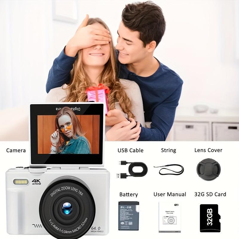 4K 64MP High-definition Digital Camera with Accessories, 2.8-inch Screen 18X Zoom Photo Video Photography Camera with 32GB Storage Card, As a Birthday Gift for Boys & Girls, Digital Camera for Photos