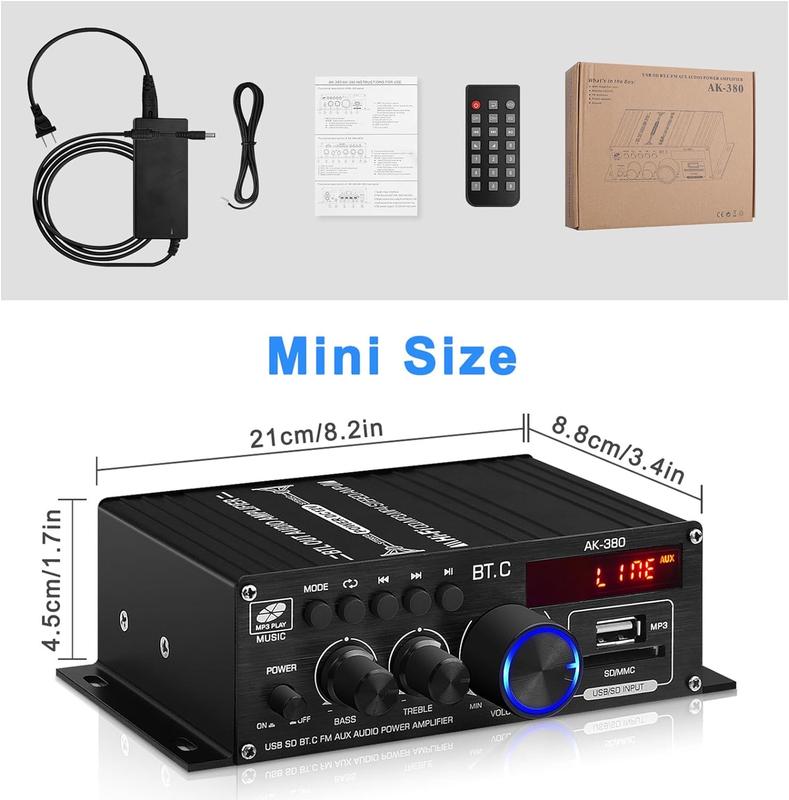 AK-380 USB SD BT.C FM AUX Audio Power Amplifier 400W+400W 2.0 CH HiFi Stereo AMP Speaker Bluetooth 5.0 Amp Receiver with 12V 5A Power Supply,Remote Control Adapter Compact Karaoke Digital