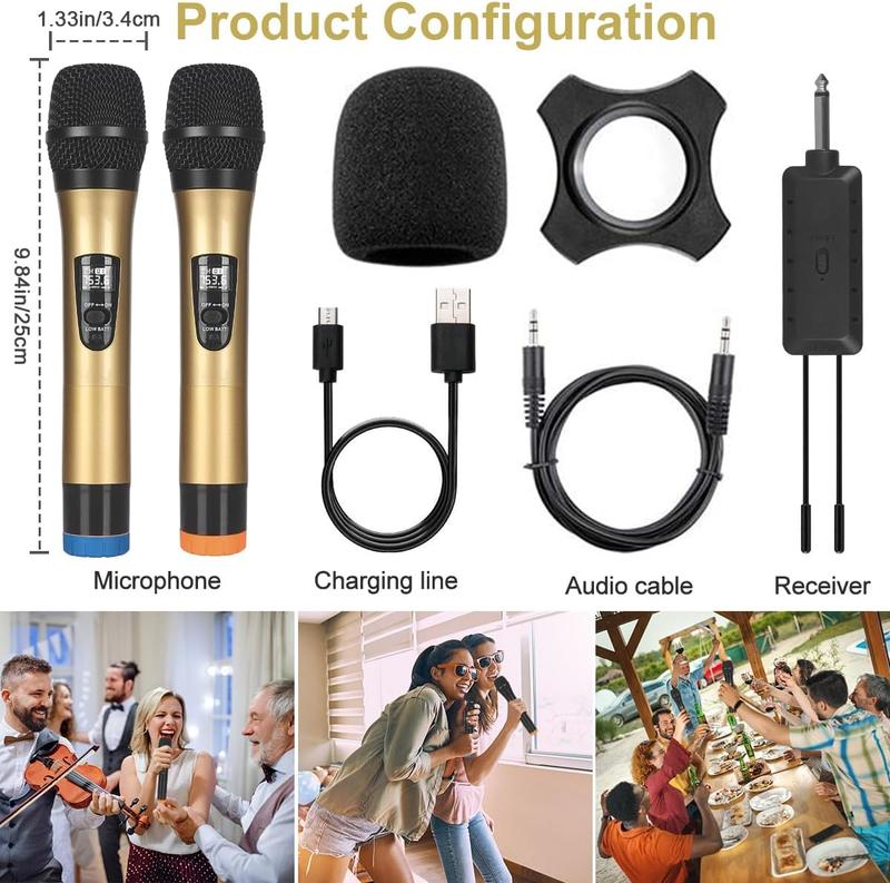 Microphone, UHF Dual Cordless Dynamic Mic System,Handheld Karaoke Microphone with Rechargeable Receiver(Auto Connect,200 ft Range) for Singing, Church, Speech, Wedding, Party