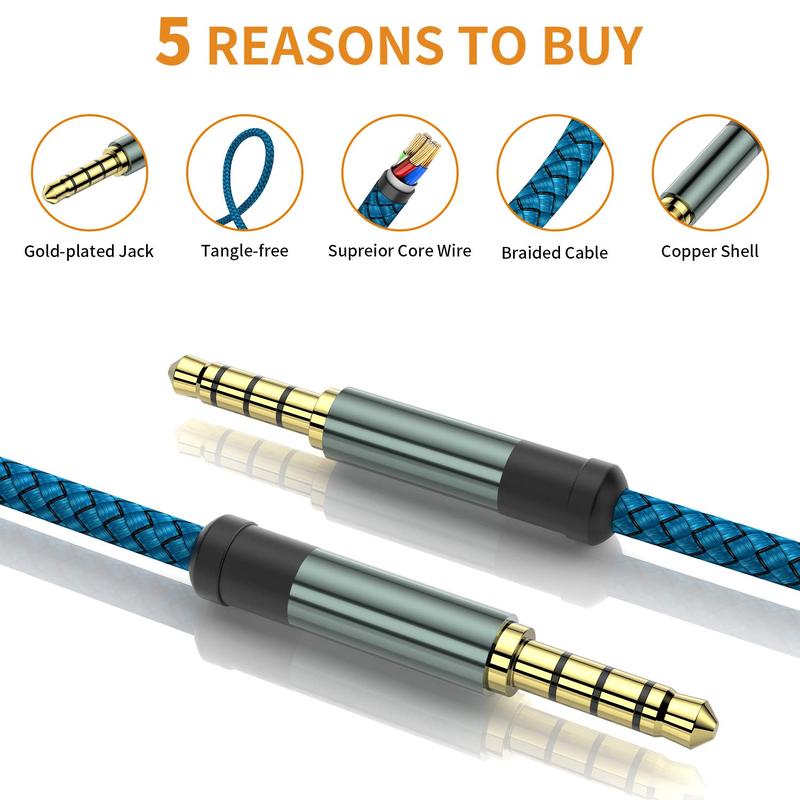 2 Pack TRRS 3.5mm Audio , 5Ft 4-Conductor (4 Pole) with Mic[Microphone Compatible] Nylon Braided Aux Cord Compatible  Home Stereos,Speaker,Headphones,(Blue)