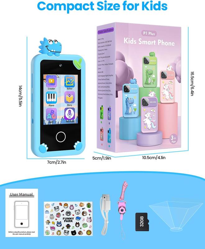 Kids Smartphone Toy, Unicorn Gift, Touch Screen MP3 Player Learning Toy with 32G SD Card with Camera, Birthday Gift